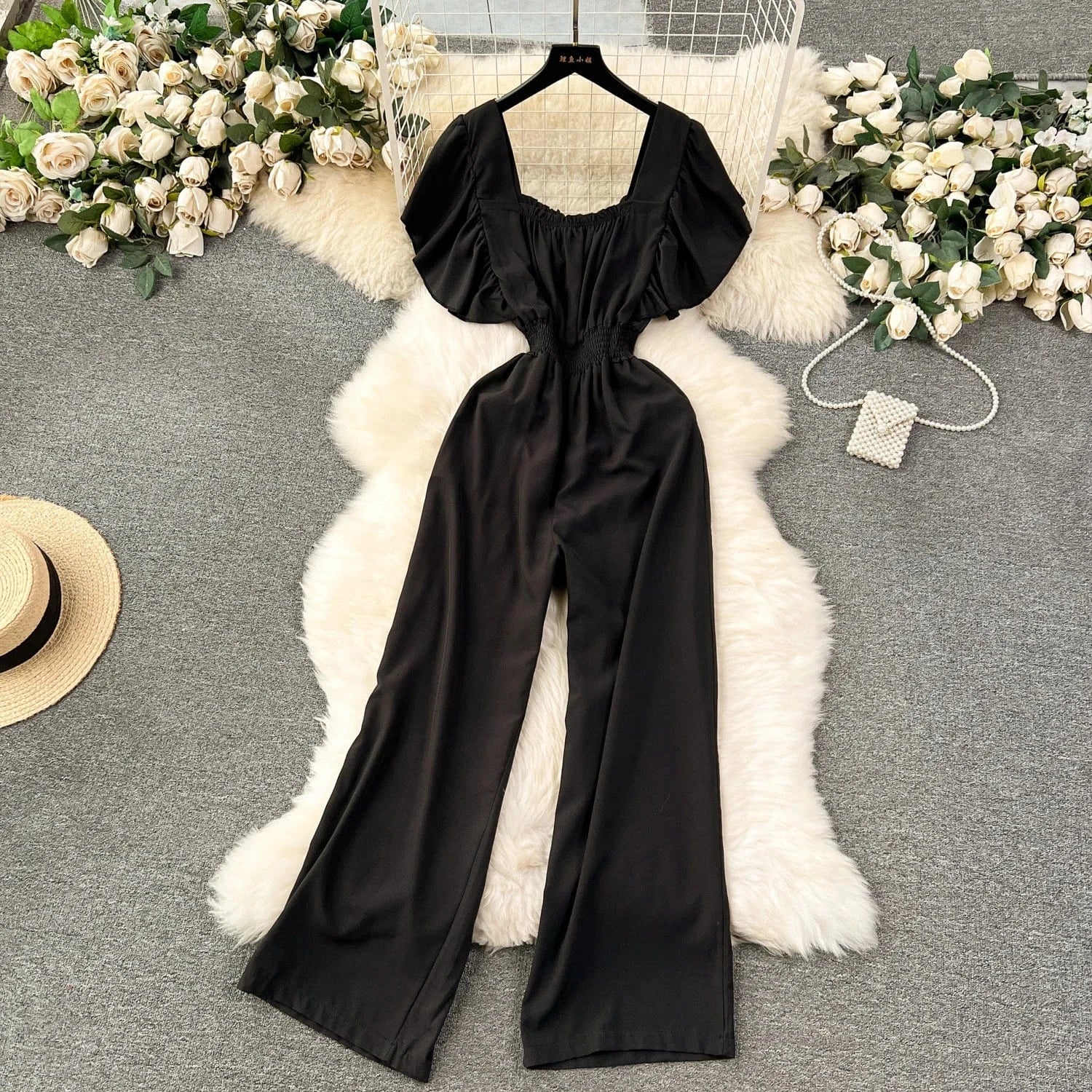 Fashionable elegant flying sleeve square neck jumpsuit for women high waist slim casual wide leg pants new spring/summer 2024