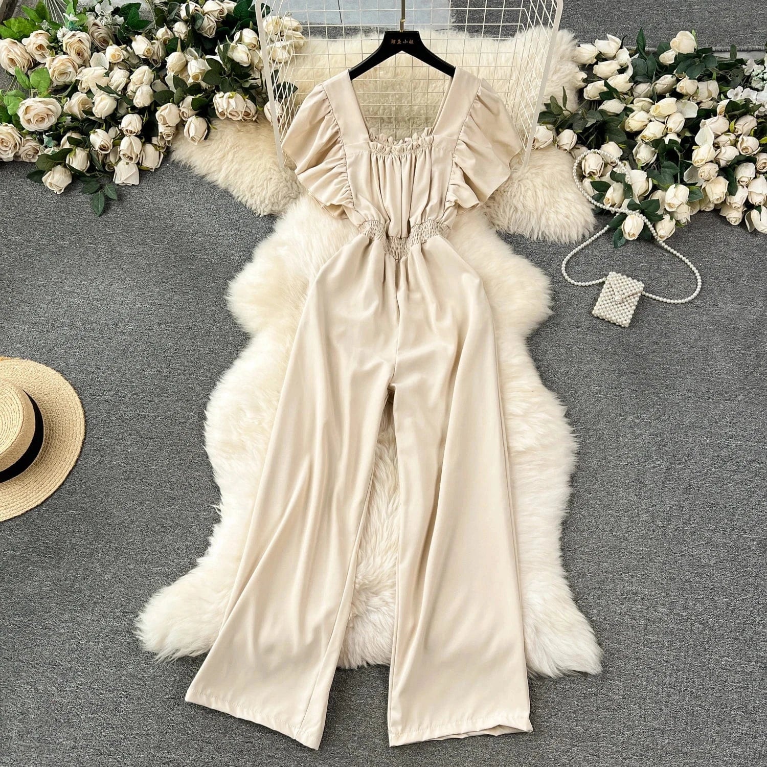 Fashionable elegant flying sleeve square neck jumpsuit for women high waist slim casual wide leg pants new spring/summer 2024