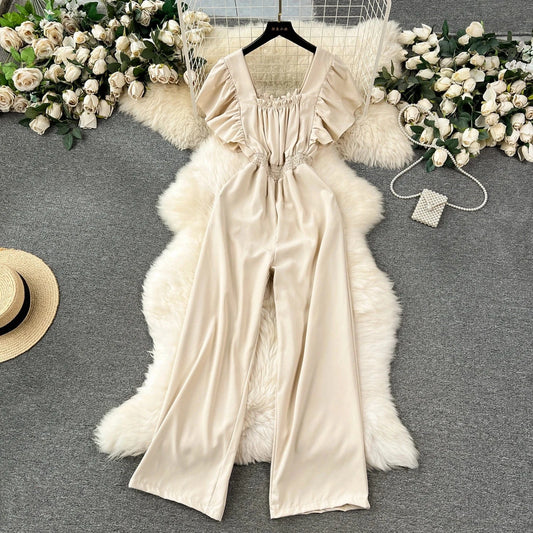 Fashionable elegant flying sleeve square neck jumpsuit for women high waist slim casual wide leg pants new spring/summer 2024