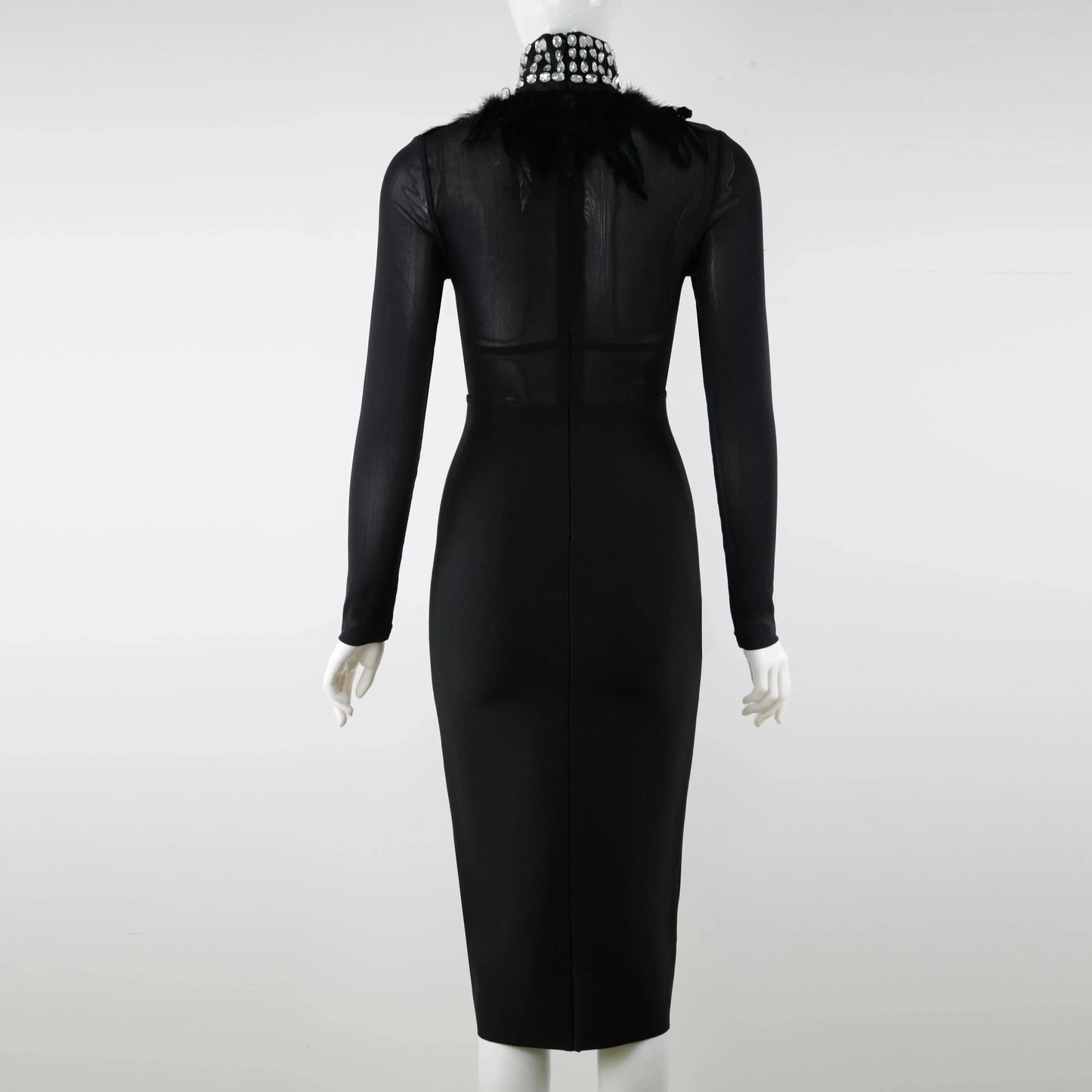 Fashionable Elegant Transparent Diamond High neck Evening Women Dress Long Sleeve Feather Dress Midi Dress