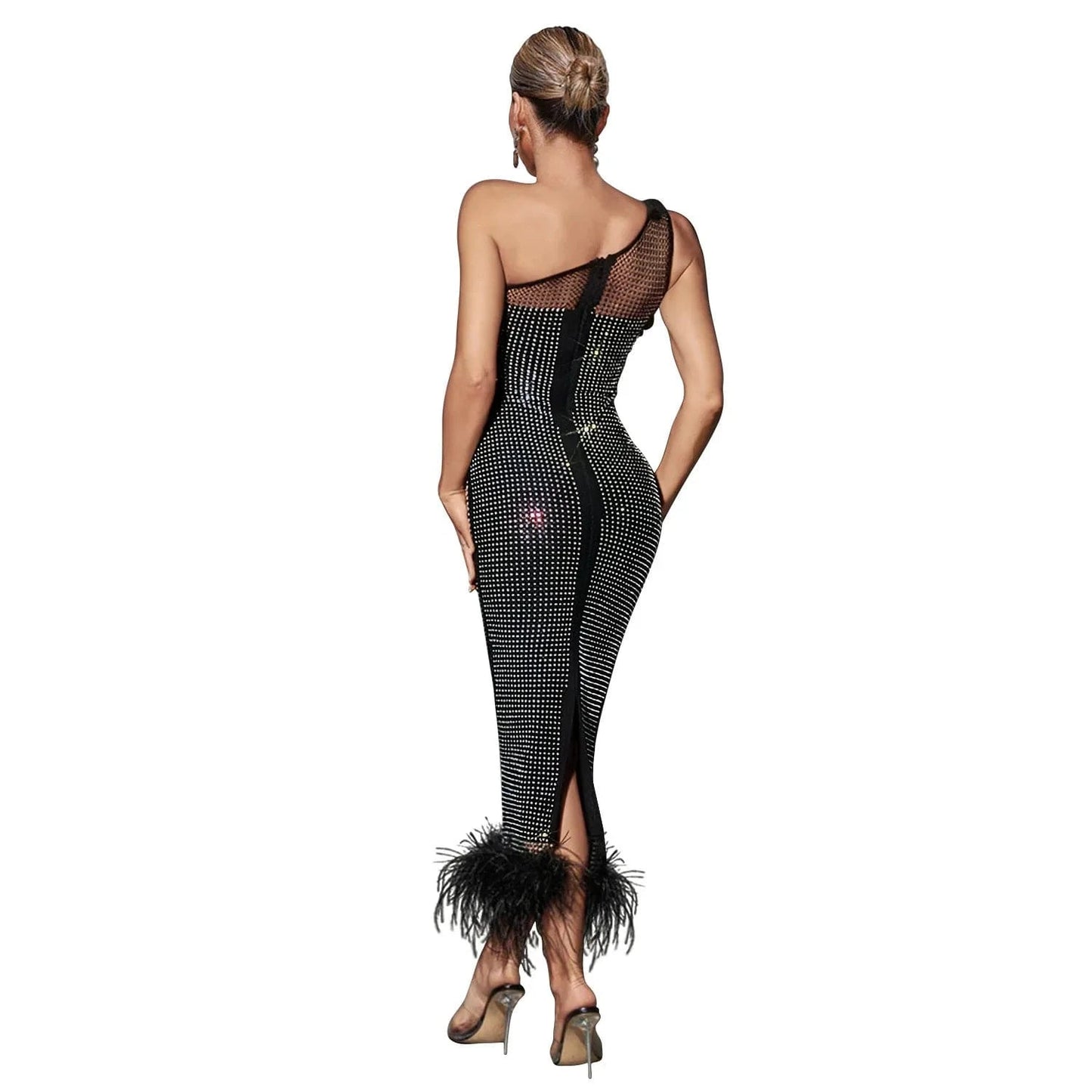 Fashionable One Shoulder Mesh Perspective Diamond Embedding Dress 2024 New Solid Color Long Plush Spliced Sexy Dresses