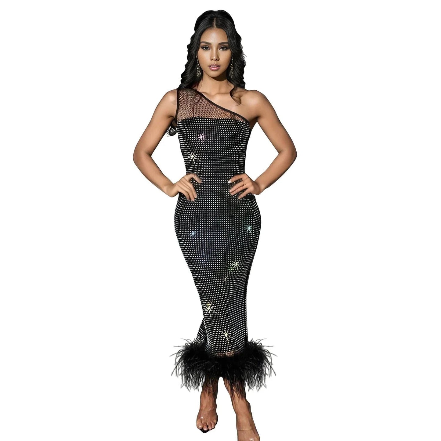 Fashionable One Shoulder Mesh Perspective Diamond Embedding Dress 2024 New Solid Color Long Plush Spliced Sexy Dresses