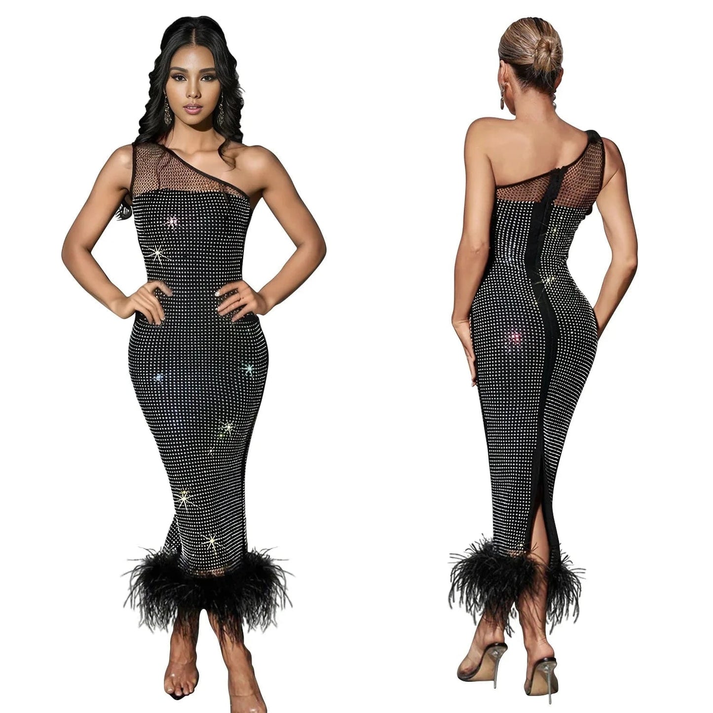 Fashionable One Shoulder Mesh Perspective Diamond Embedding Dress 2024 New Solid Color Long Plush Spliced Sexy Dresses