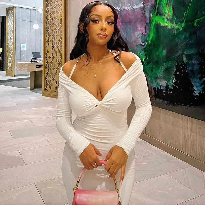 Fashionable Wedding Elegant Women Solid Color Bodycon One Shoulder Dress