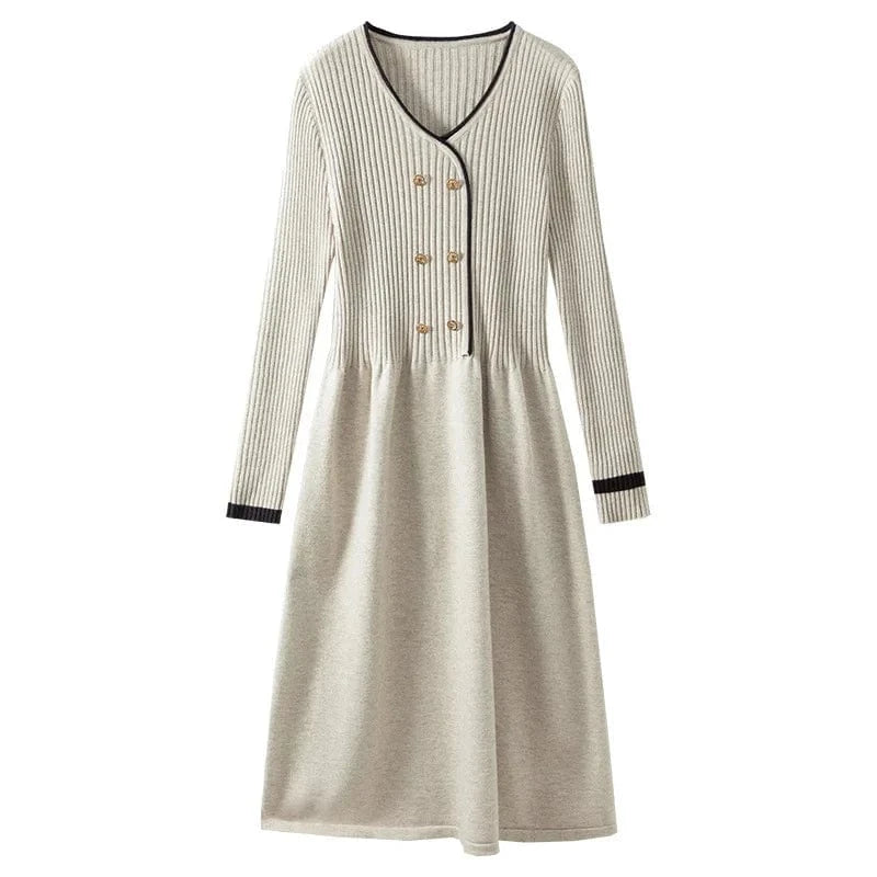 Fashionable women autumn new arrival v neck long sleeve loose waist with belt button decorative women sweater dress