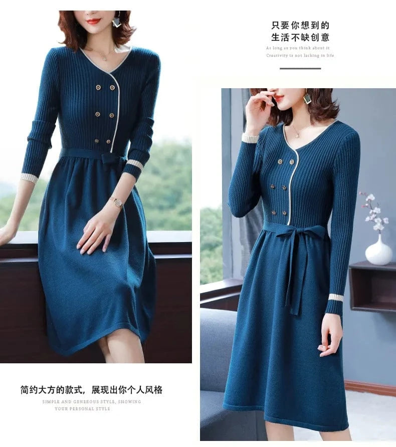 Fashionable women autumn new arrival v neck long sleeve loose waist with belt button decorative women sweater dress