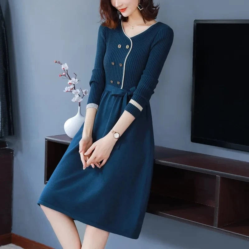 Fashionable women autumn new arrival v neck long sleeve loose waist with belt button decorative women sweater dress