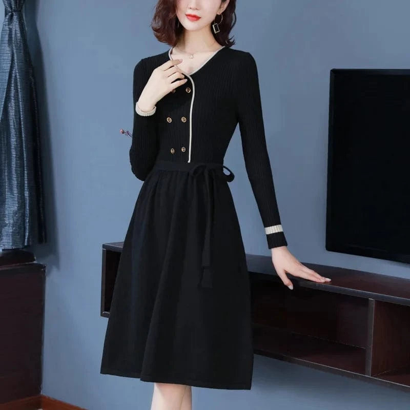 Fashionable women autumn new arrival v neck long sleeve loose waist with belt button decorative women sweater dress