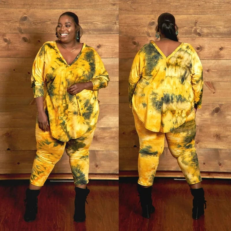 Fat Clothes Joggers Over Sized V-Neck T Shirt Womens Party Tie Dye Long Sleeve Two Piece Sweatshirt Track Suit Set