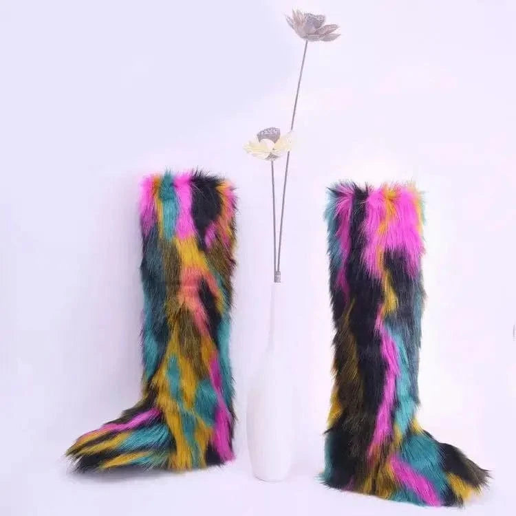 Faux furry fluffy soft plush ladies women winter knee high boots matching faux fur women headband set