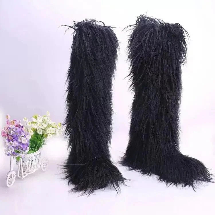Faux furry fluffy soft plush ladies women winter knee high boots matching faux fur women headband set