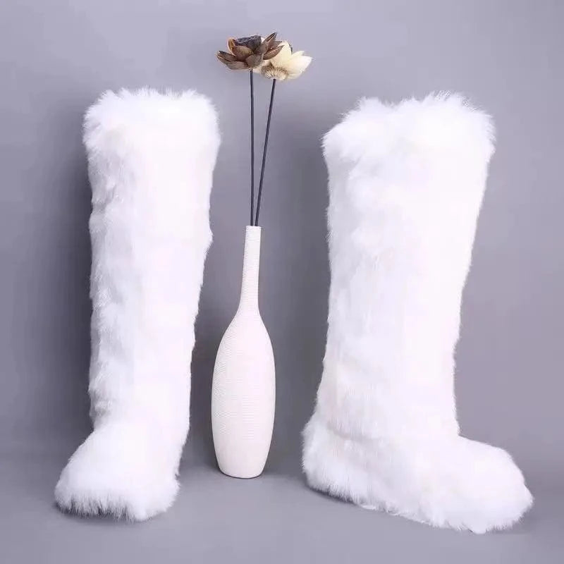 Faux furry fluffy soft plush ladies women winter knee high boots matching faux fur women headband set