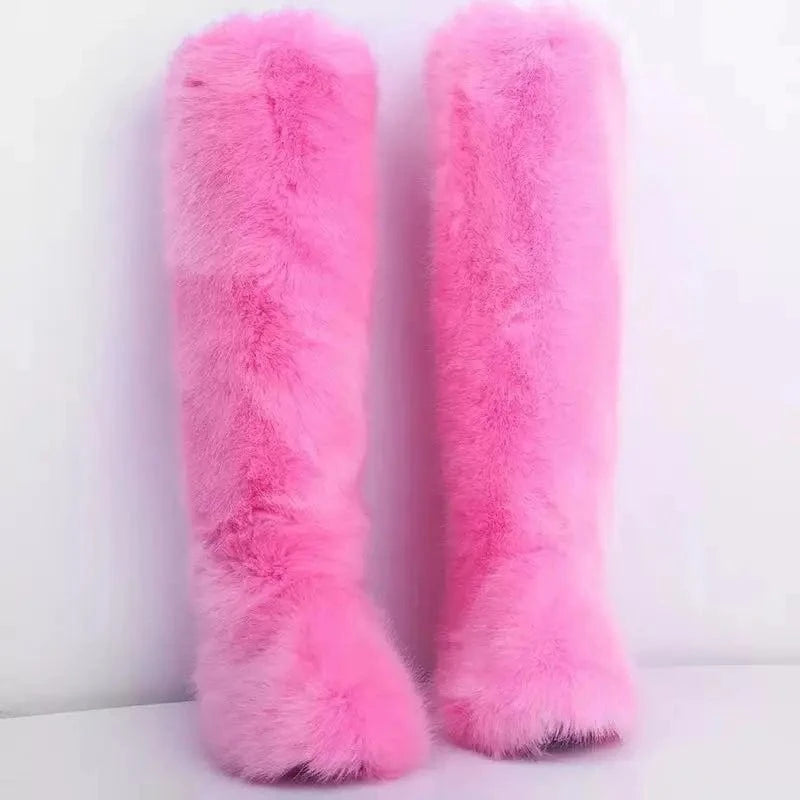 Faux furry fluffy soft plush ladies women winter knee high boots matching faux fur women headband set