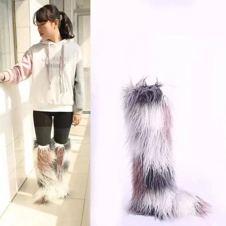 Faux furry fluffy soft plush ladies women winter knee high boots matching faux fur women headband set
