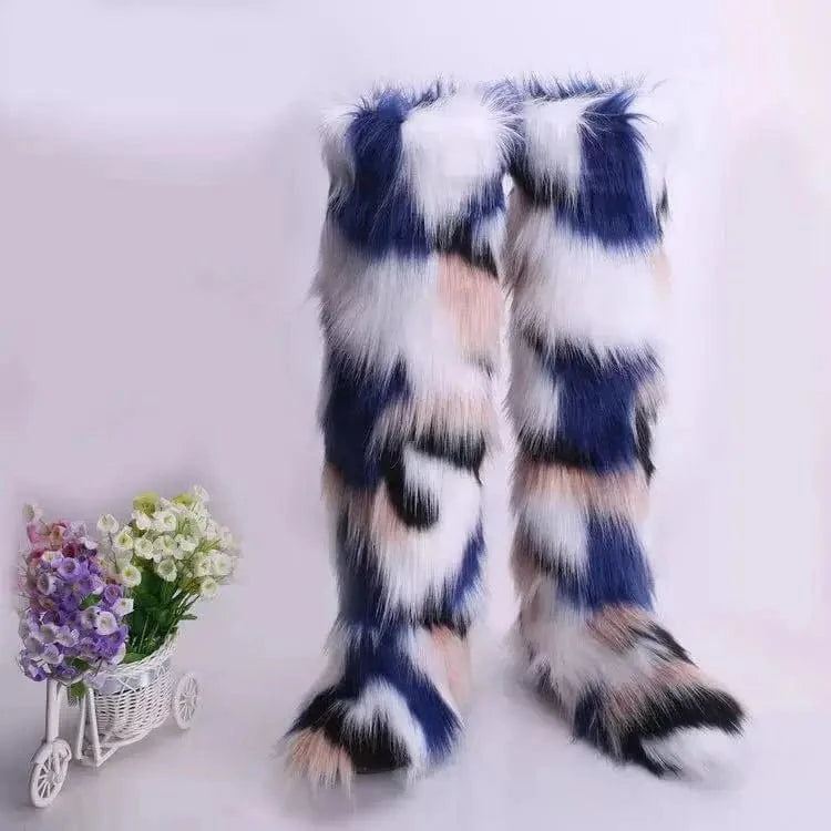 Faux furry fluffy soft plush ladies women winter knee high boots matching faux fur women headband set