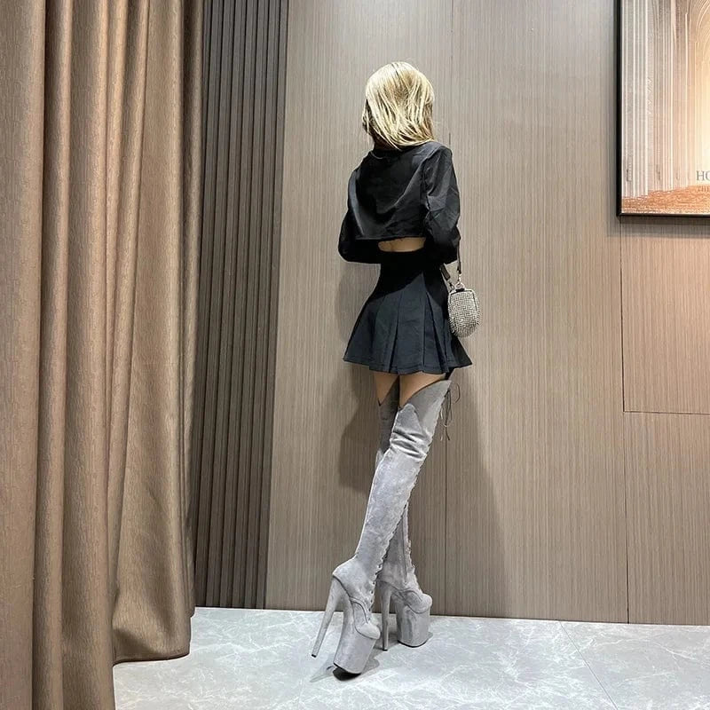 faux suede Thigh high fetish Exotic stripper pole heels platform dancer boots 20 cm 8" women high heel sexy over knee boots