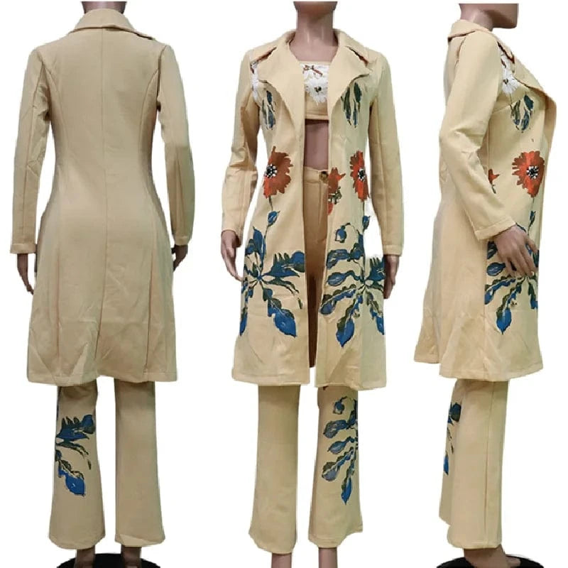 FD123 New Arrivals Autumn Winter Ladies Print Pants Coat Long Windbreaker Set Three Piece Set Women Clothing Windbreaker Jacket
