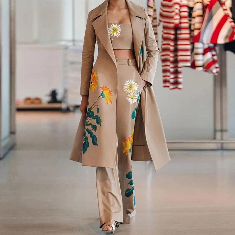 FD123 New Arrivals Autumn Winter Ladies Print Pants Coat Long Windbreaker Set Three Piece Set Women Clothing Windbreaker Jacket