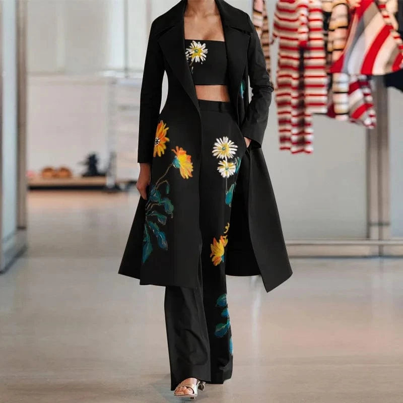 FD123 New Arrivals Autumn Winter Ladies Print Pants Coat Long Windbreaker Set Three Piece Set Women Clothing Windbreaker Jacket