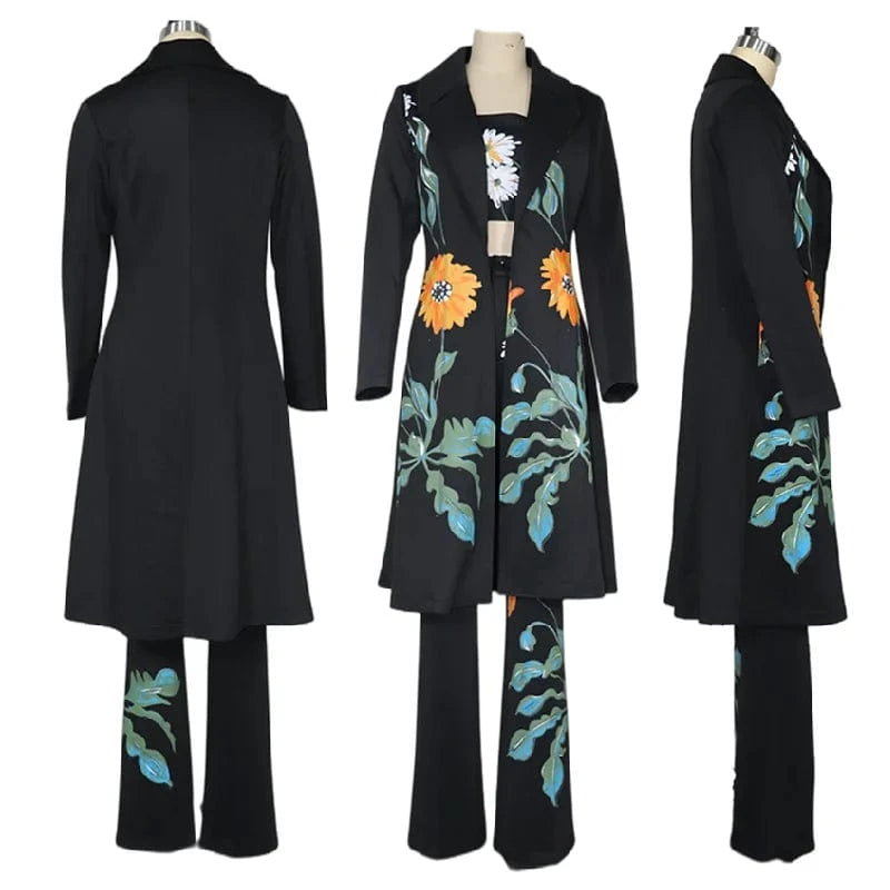 FD123 New Arrivals Autumn Winter Ladies Print Pants Coat Long Windbreaker Set Three Piece Set Women Clothing Windbreaker Jacket