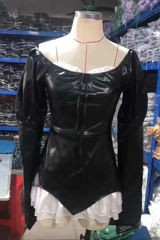 Fengway 2024 Pu Leather Slim Fit Dress Women Long Sleeve Square Collar Dress Patchwork Ruffles Pleated Dresses