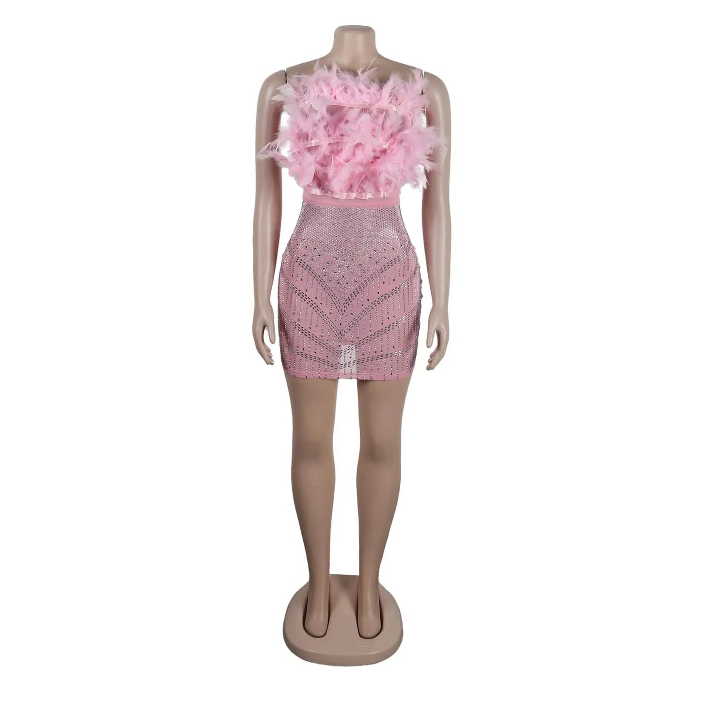 Fengway 2024 Rhinestone Bodycon Dress Patchwork Feather Strapless Dress Nightclub Sexy See Through Mini Dresses