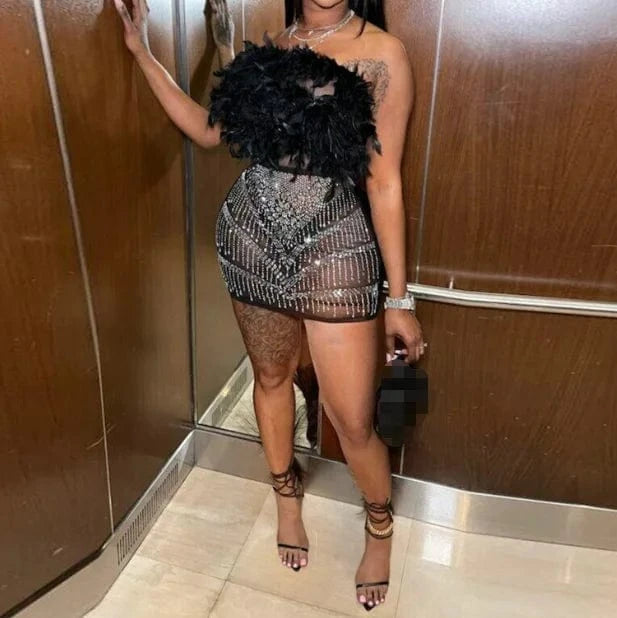 Fengway 2024 Rhinestone Bodycon Dress Patchwork Feather Strapless Dress Nightclub Sexy See Through Mini Dresses