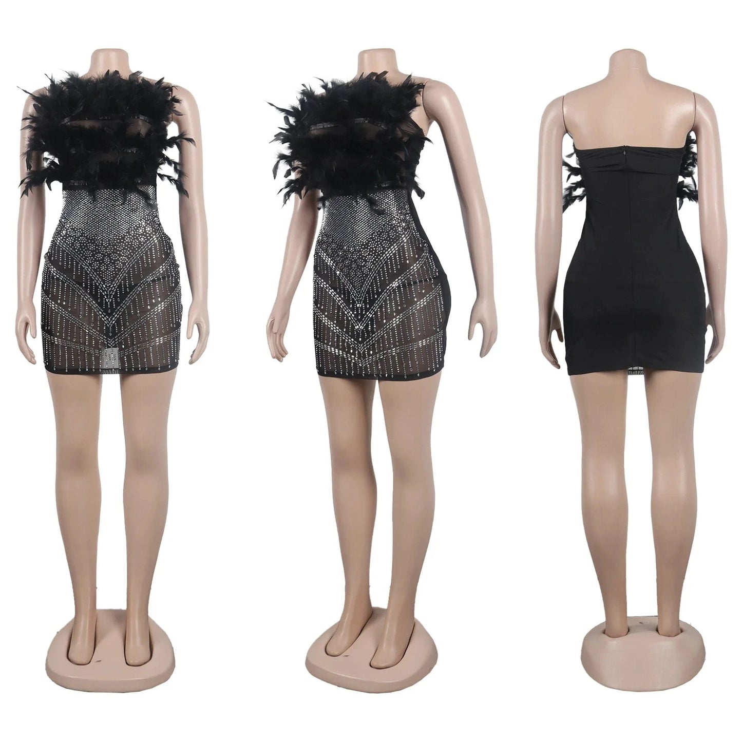 Fengway 2024 Rhinestone Bodycon Dress Patchwork Feather Strapless Dress Nightclub Sexy See Through Mini Dresses