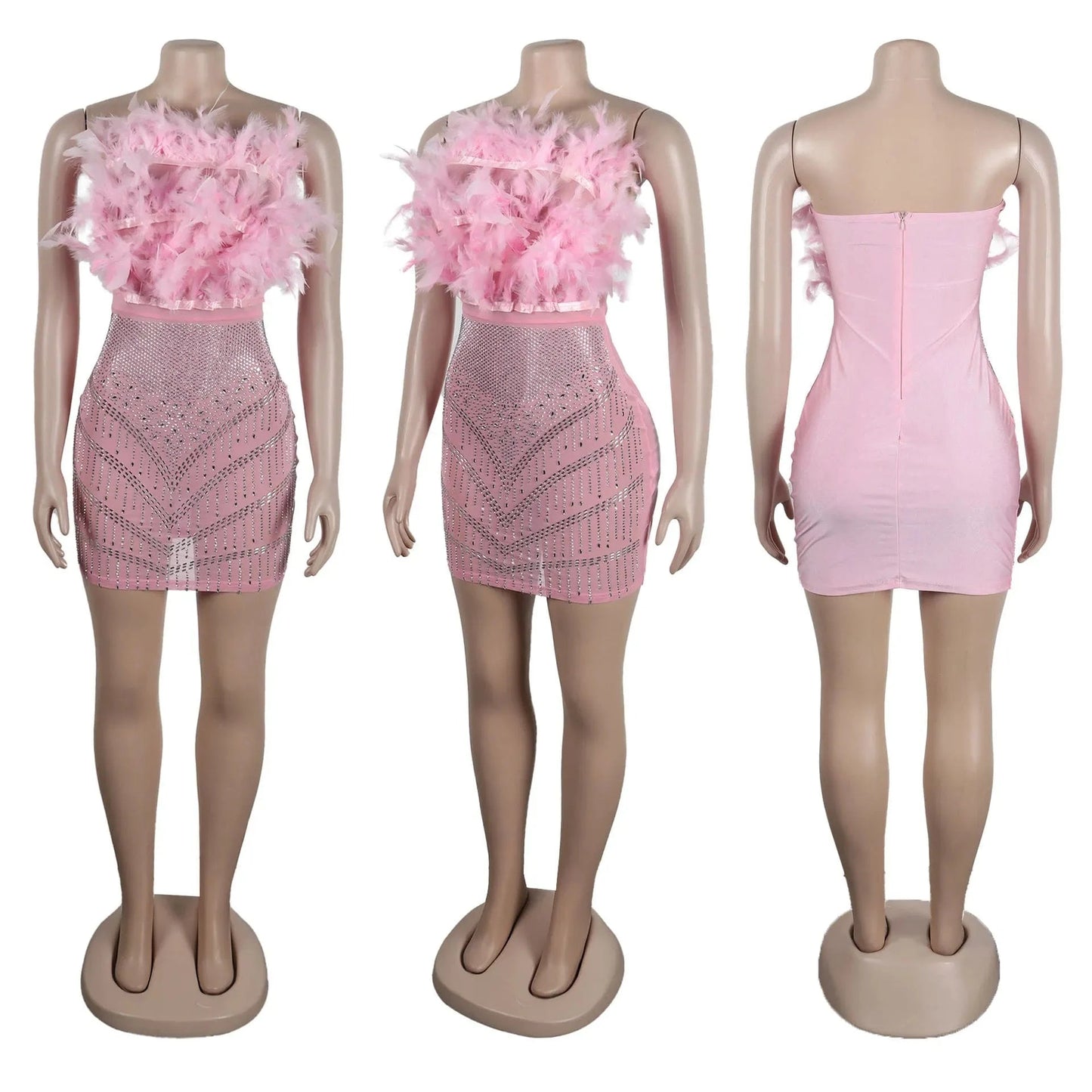 Fengway 2024 Rhinestone Bodycon Dress Patchwork Feather Strapless Dress Nightclub Sexy See Through Mini Dresses