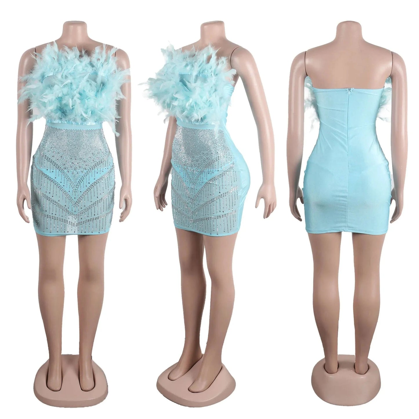 Fengway 2024 Rhinestone Bodycon Dress Patchwork Feather Strapless Dress Nightclub Sexy See Through Mini Dresses