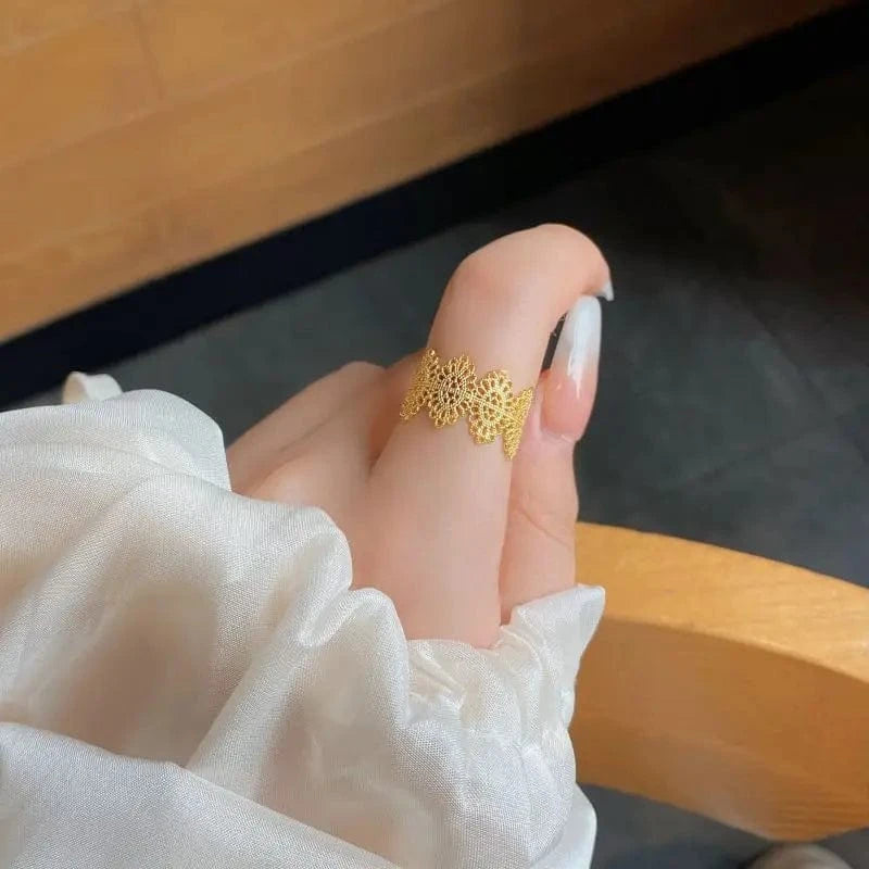 fine jewelry 925 silver rings jewelry for women 925 sterling silver 18K gold plated lace wide face rings open adjustable ring