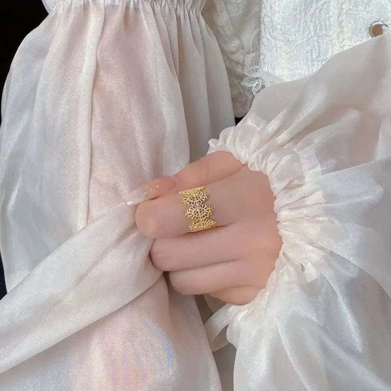 fine jewelry 925 silver rings jewelry for women 925 sterling silver 18K gold plated lace wide face rings open adjustable ring