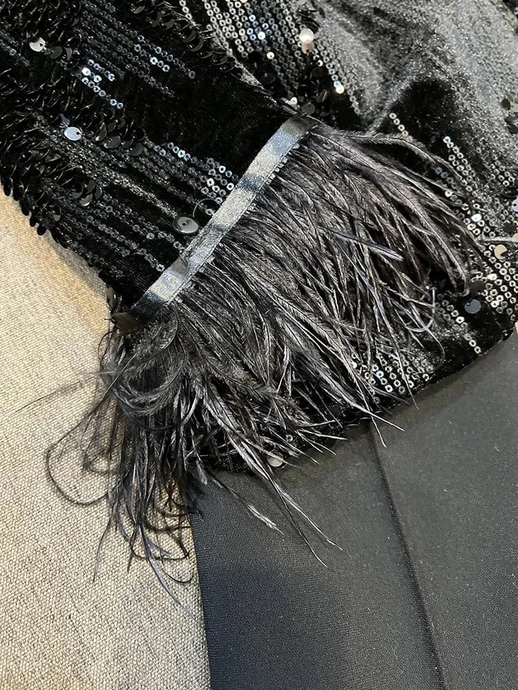 Fine Workmanship All-over Shinny Sequins Designed Lady Streetwear Coat Women Long Sleeve Tassel Cuff Blazer Black