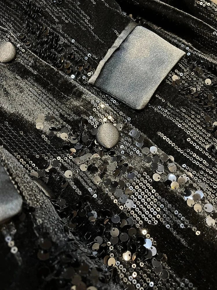 Fine Workmanship All-over Shinny Sequins Designed Lady Streetwear Coat Women Long Sleeve Tassel Cuff Blazer Black