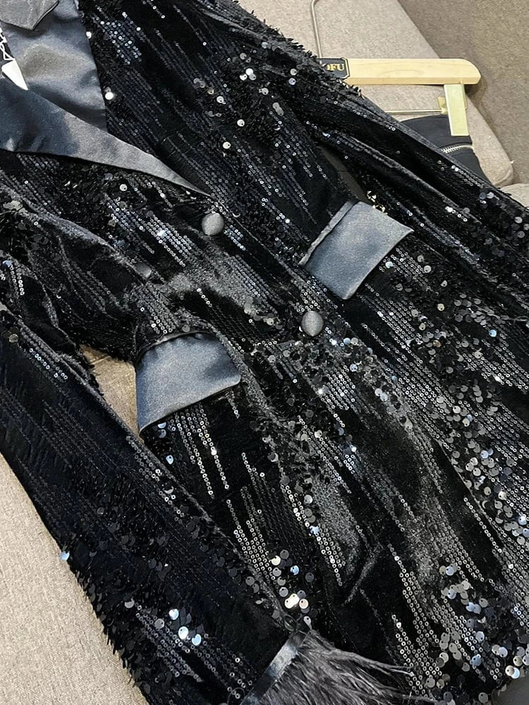 Fine Workmanship All-over Shinny Sequins Designed Lady Streetwear Coat Women Long Sleeve Tassel Cuff Blazer Black