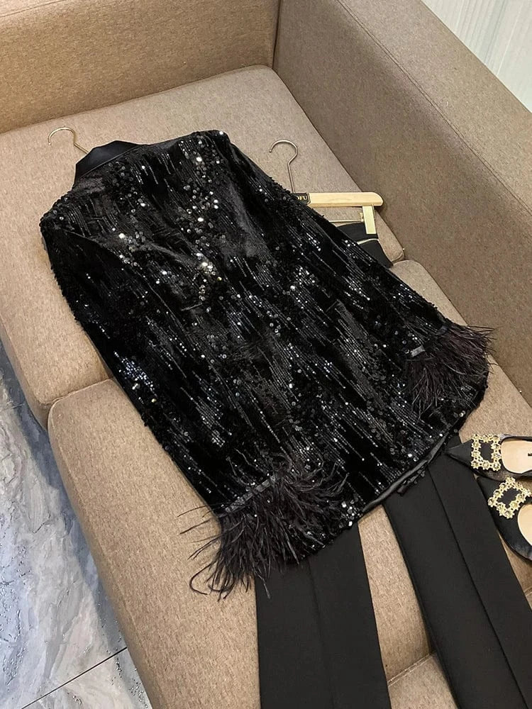 Fine Workmanship All-over Shinny Sequins Designed Lady Streetwear Coat Women Long Sleeve Tassel Cuff Blazer Black