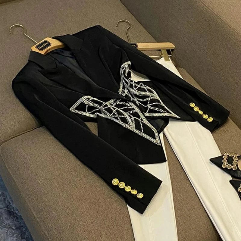 Fine Workmanship Beading Rhinestone Lady Fashion Office Coat Long Sleeve Slim Waisted Women Black Blazer