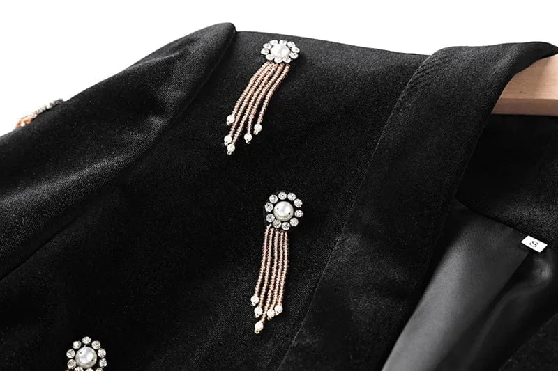 Fine Workmanship Beads Tassel Velvet Lady Solid Office Suit Single-breasted Long Sleeve Blazer Wide Leg Pants Women 2Pcs