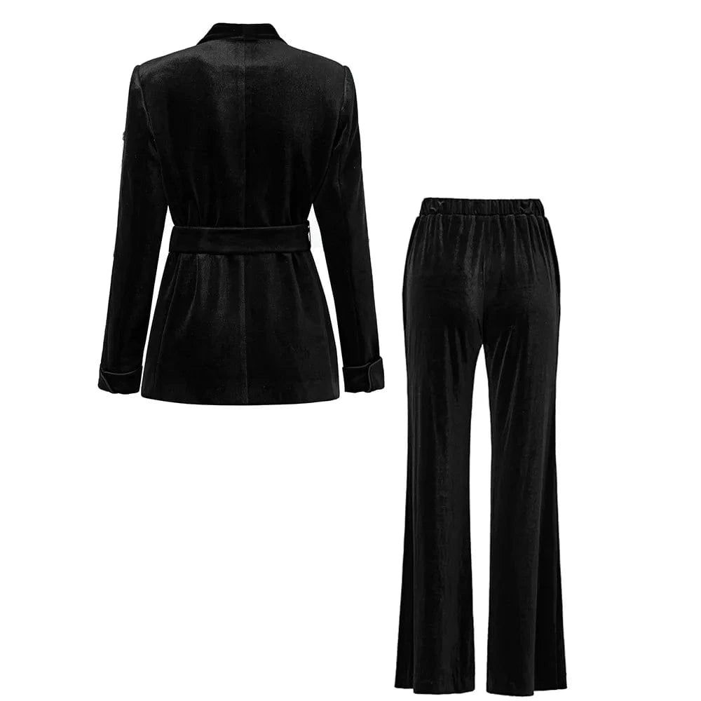 Fine Workmanship Beads Tassel Velvet Lady Solid Office Suit Single-breasted Long Sleeve Blazer Wide Leg Pants Women 2Pcs