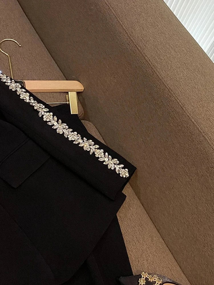 Fine Workmanship Designed Rhinestone Shoulder Sleeve Lady Office Wear Single Button Blazer Flared Pants  2 Pieces Sets Women