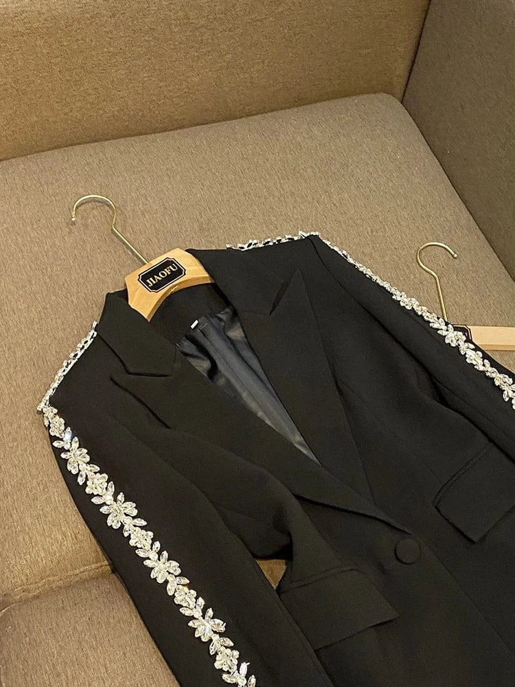 Fine Workmanship Designed Rhinestone Shoulder Sleeve Lady Office Wear Single Button Blazer Flared Pants  2 Pieces Sets Women