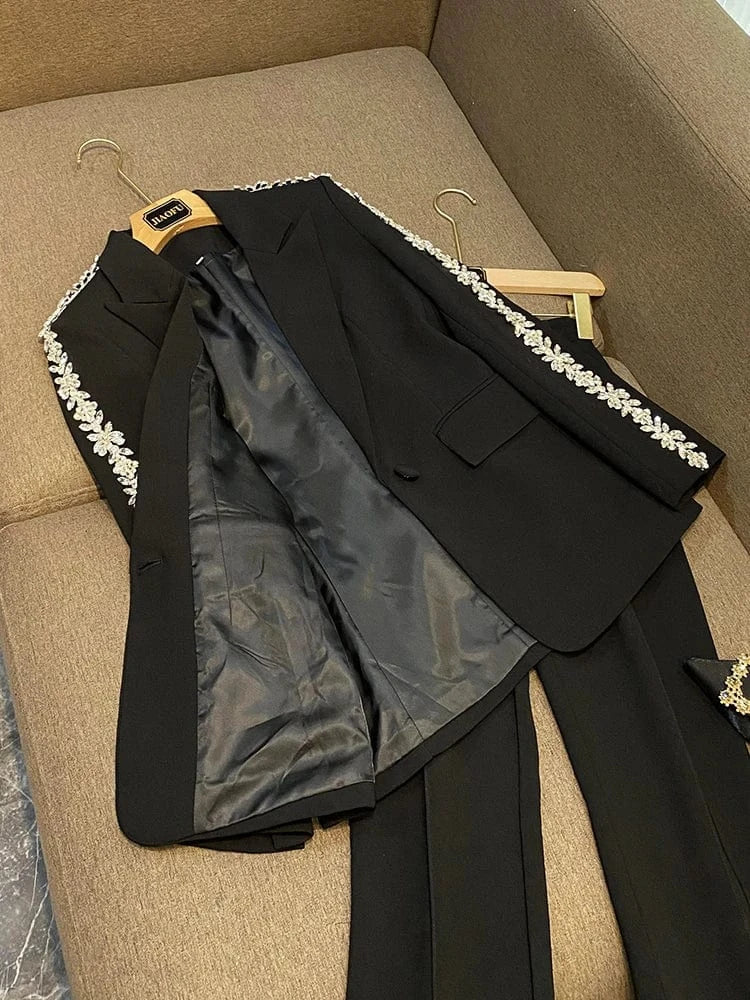 Fine Workmanship Designed Rhinestone Shoulder Sleeve Lady Office Wear Single Button Blazer Flared Pants  2 Pieces Sets Women
