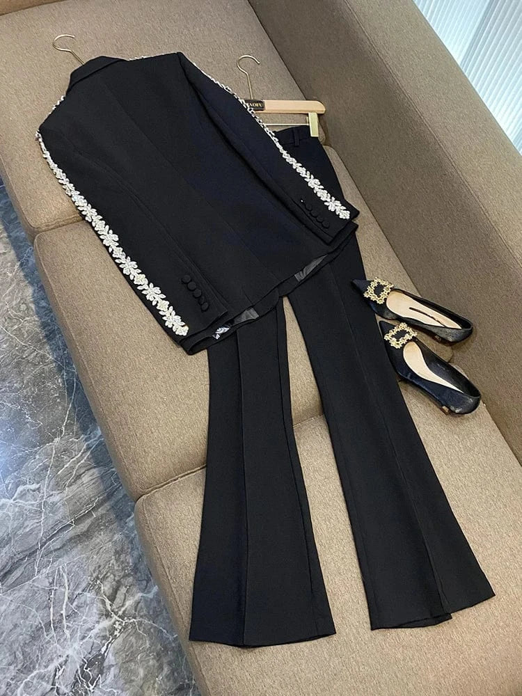 Fine Workmanship Designed Rhinestone Shoulder Sleeve Lady Office Wear Single Button Blazer Flared Pants 2 Pieces Sets Women