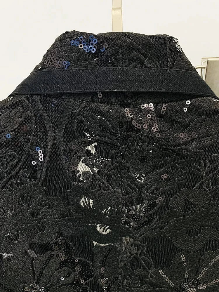 Fine Workmanship Embroidery Lady Black See-through Office Suit Sequins Single Button Blazer Flared Pants Women Solid 2pcs