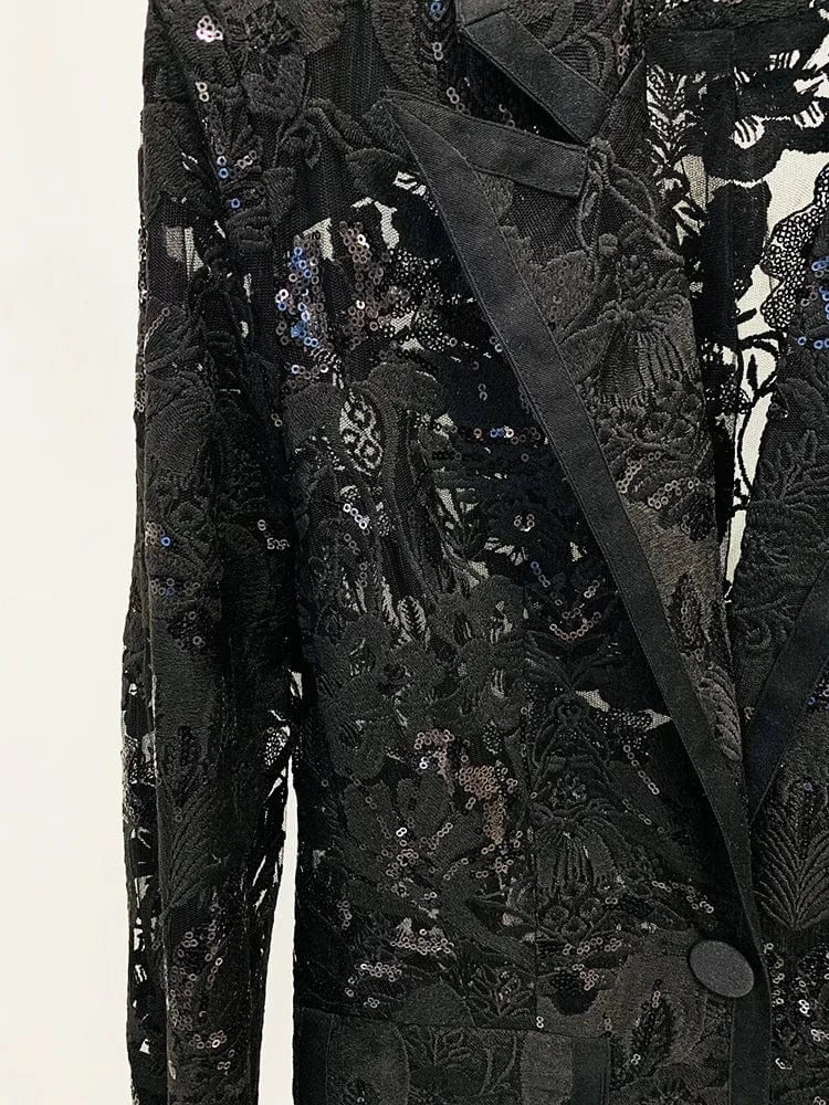 Fine Workmanship Embroidery Lady Black See-through Office Suit Sequins Single Button Blazer Flared Pants Women Solid 2pcs