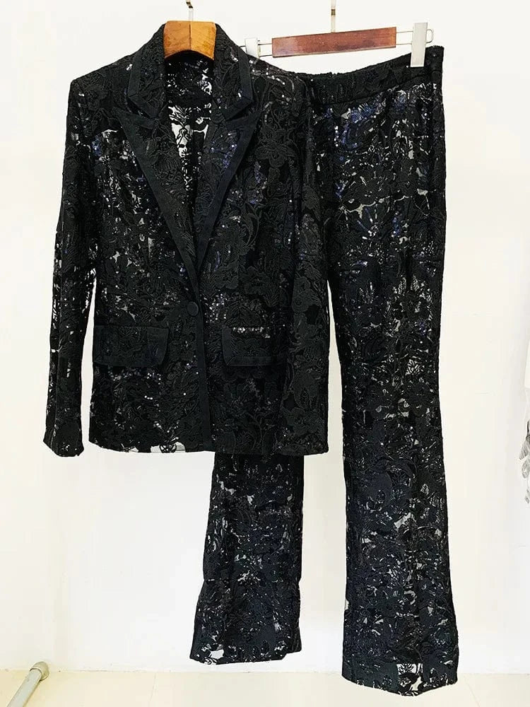 Fine Workmanship Embroidery Lady Black See-through Office Suit Sequins Single Button Blazer Flared Pants Women Solid 2pcs