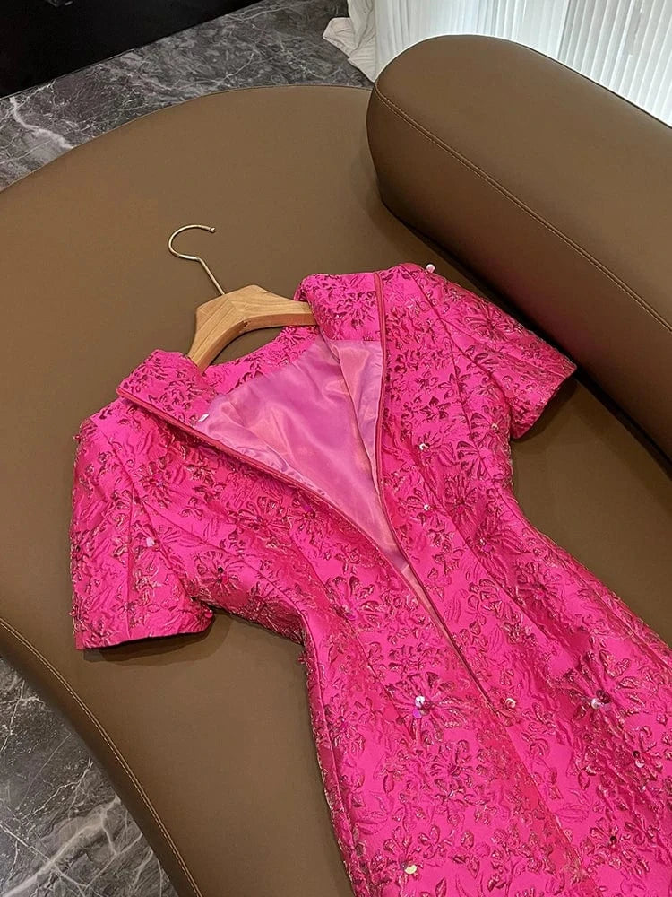 Fine Workmanship Jacquard Office Lady Casual Wear Short Sleeve O-neckline Shinny Beads Women Mini Formal Dress