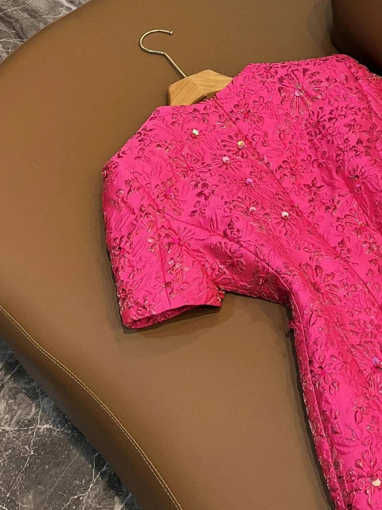 Fine Workmanship Jacquard Office Lady Casual Wear Short Sleeve O-neckline Shinny Beads Women Mini Formal Dress