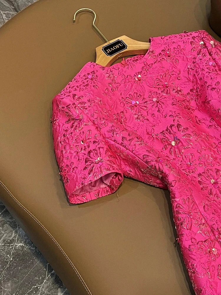 Fine Workmanship Jacquard Office Lady Casual Wear Short Sleeve O-neckline Shinny Beads Women Mini Formal Dress