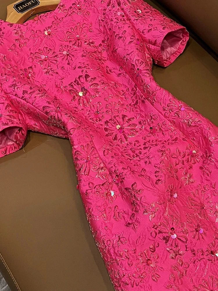 Fine Workmanship Jacquard Office Lady Casual Wear Short Sleeve O-neckline Shinny Beads Women Mini Formal Dress